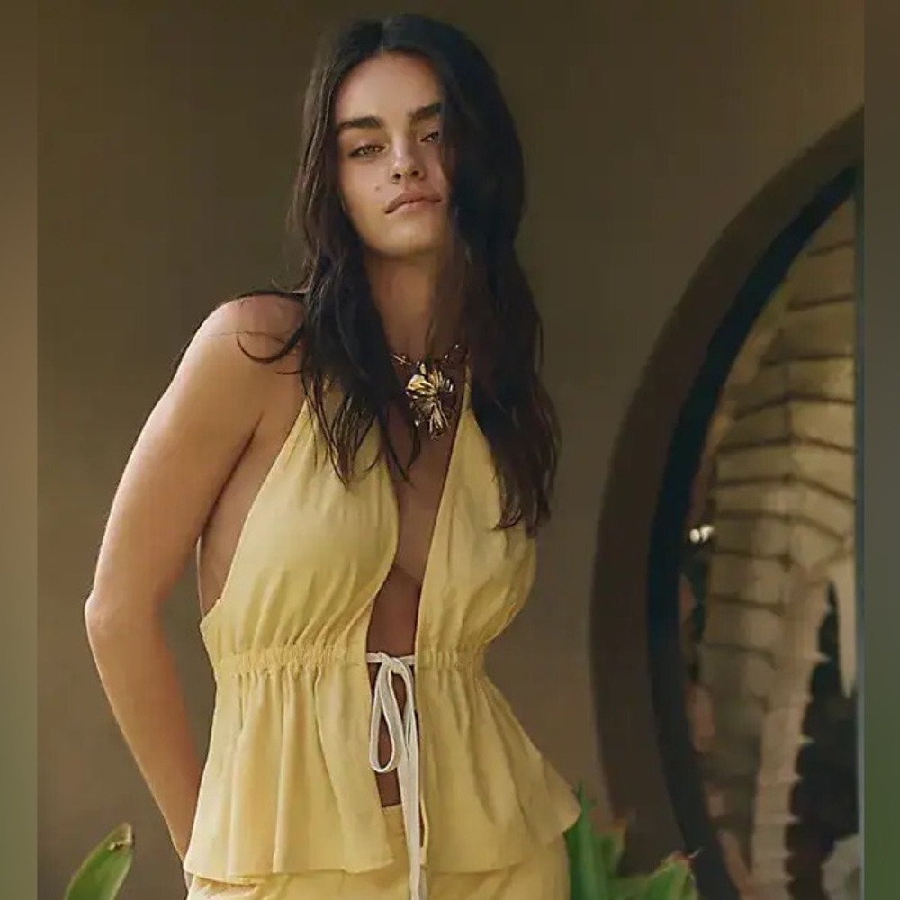 FREE PEOPLE Yellow cotton Halter Tie-Front Tank Top large
